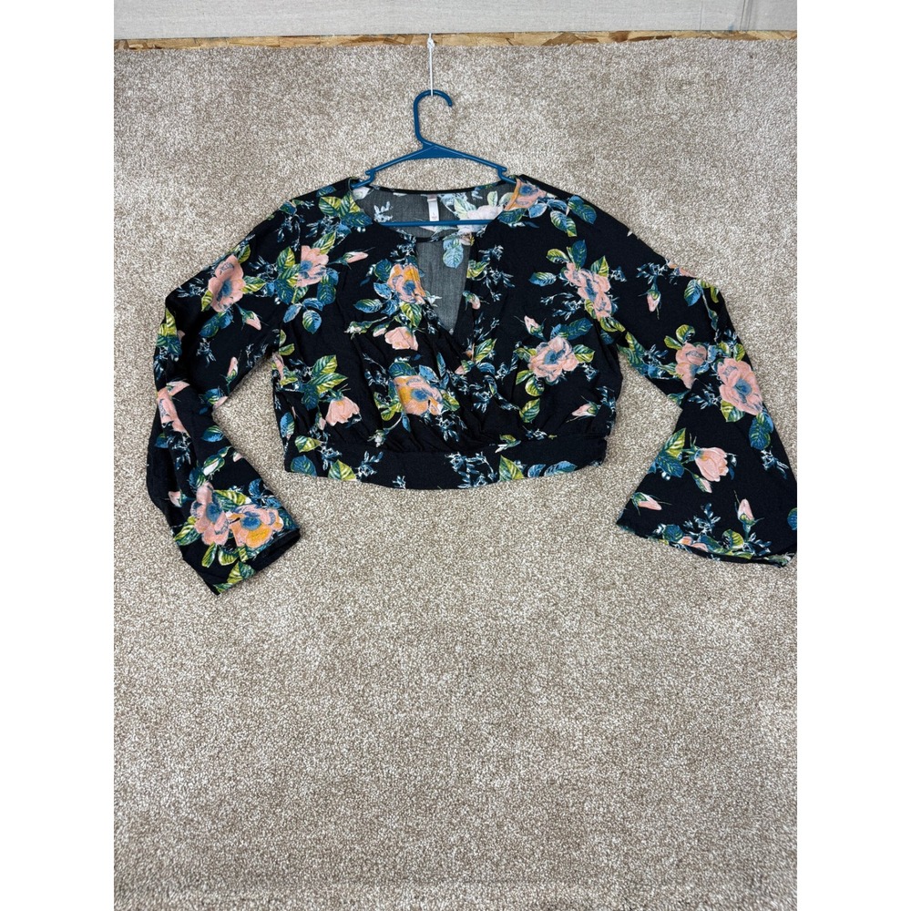 Y2K Xhilaration Womens Large Black Floral Bell Sleeve Cropped V-Neck Boho‎ Top L